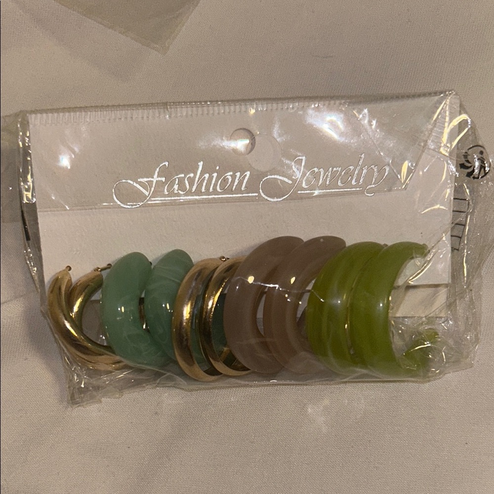 Chic Hoop Earrings Trio - Gold, Green, Tan